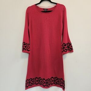 R&K Sweater Dress Midi Women Sz M Red Black Pattern on Bottom Trumpet Sleeves